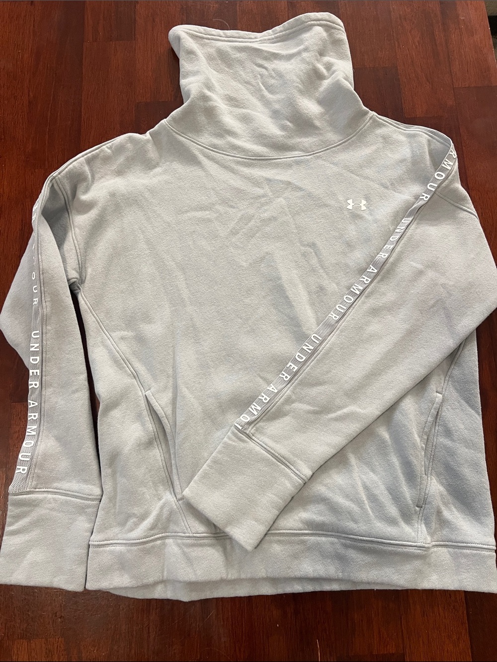 Under Armour Light Gray Funnel Neck Pullover with Branded Sleeve Tape